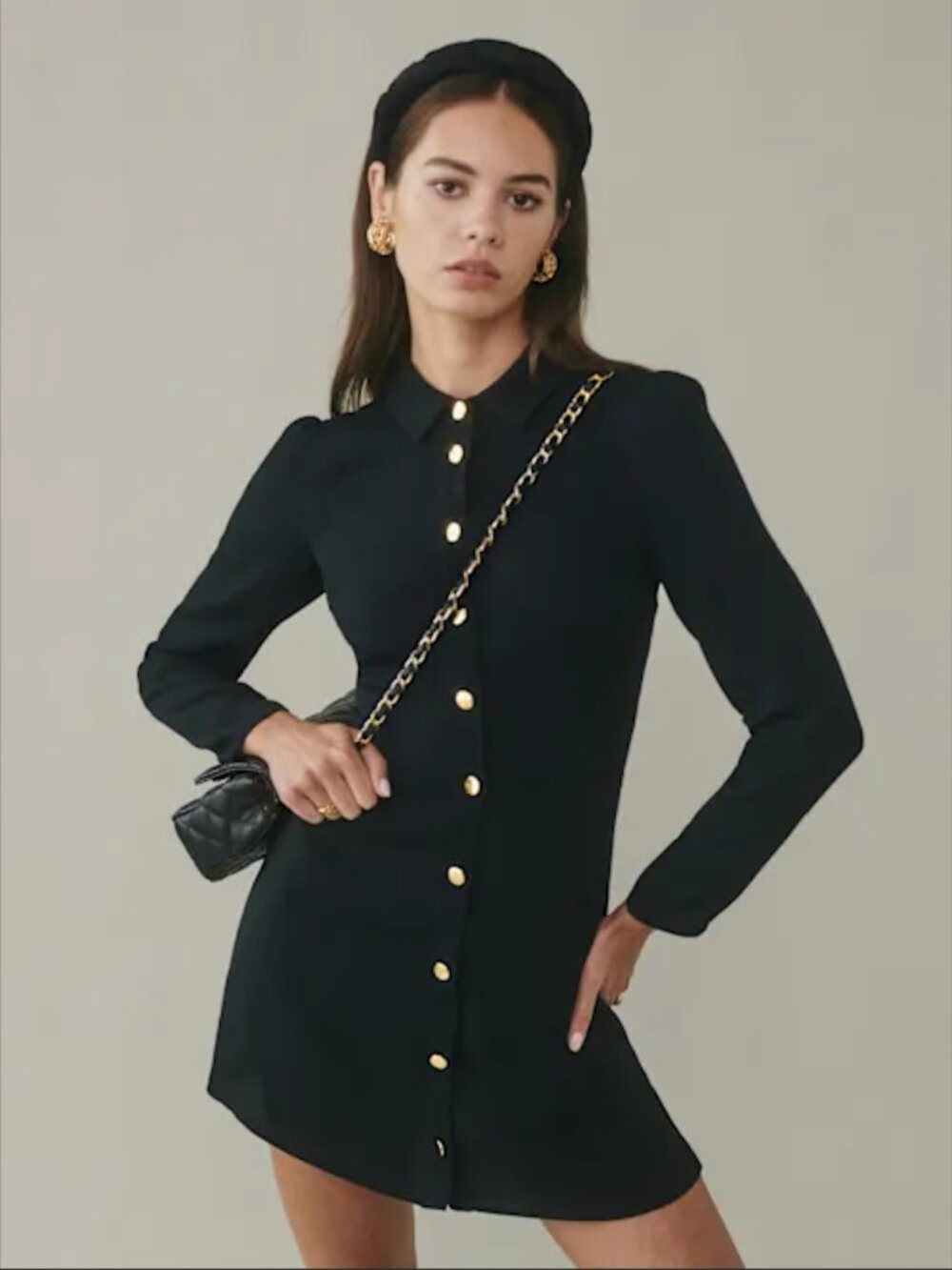Reformation Hugh Dress Black Gold Button Long Sleeve Mini Dress Size 4